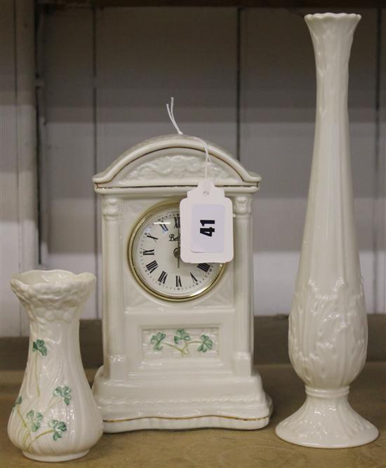 Belleek clock, vase & another vase